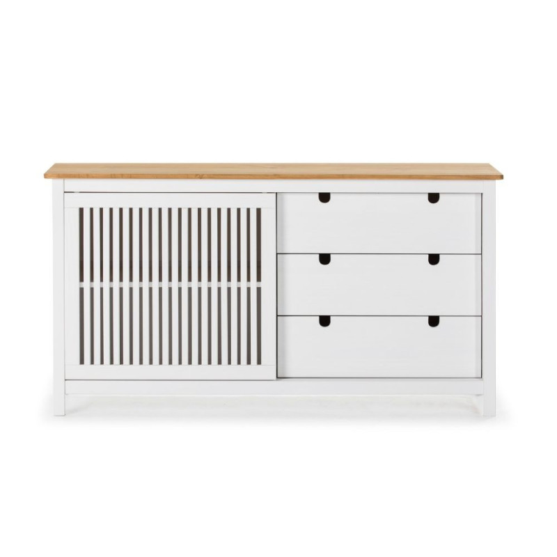 Credenza Bruna 1 anta scorrevole 3 cassetti legno bianco top pino