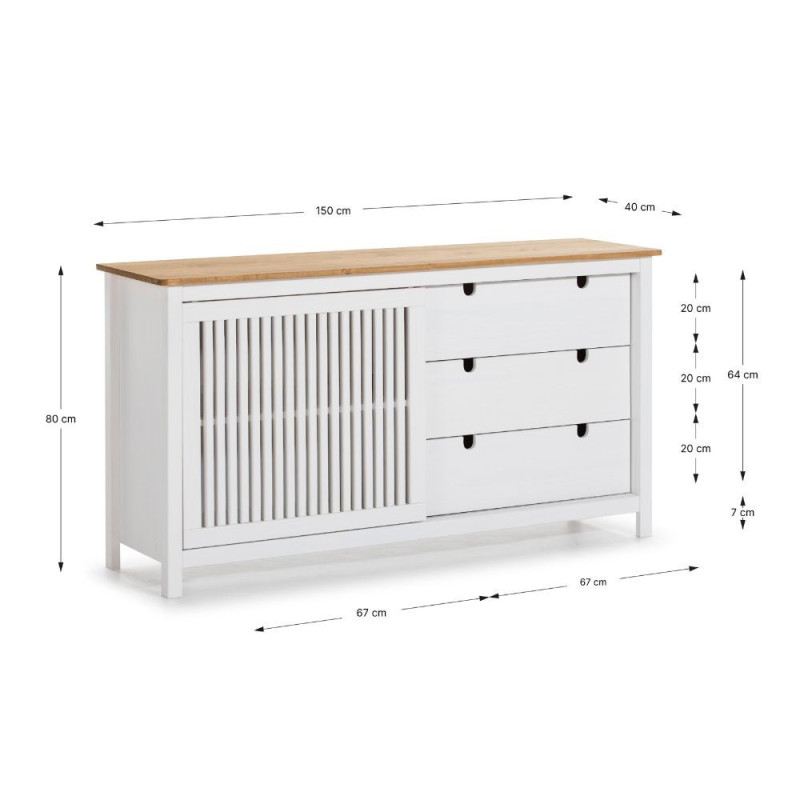 Credenza Bruna 1 anta scorrevole 3 cassetti legno bianco top pino