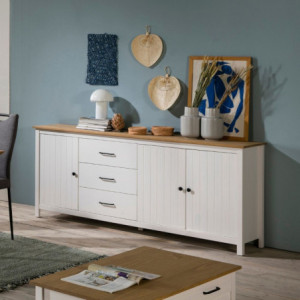 Credenza Miranda 3 ante 3 cassetti legno bianco top pino elegante