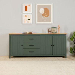 Credenza Miranda in legno massiccio verde con top pino 3 ante