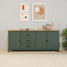 Credenza Miranda in legno massiccio verde con top pino 3 ante