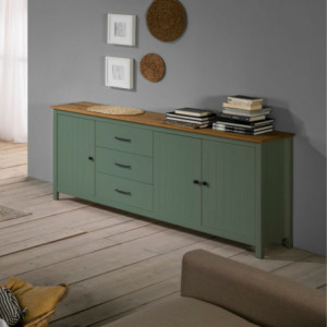Zoom Credenza Miranda con 3 ante e 3 cassetti in legno massiccio verde con top pino