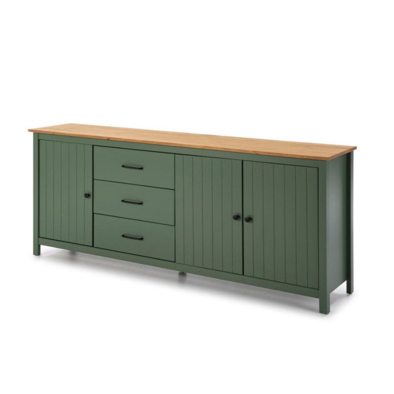 Credenza Miranda in legno massiccio verde con top pino 3 ante
