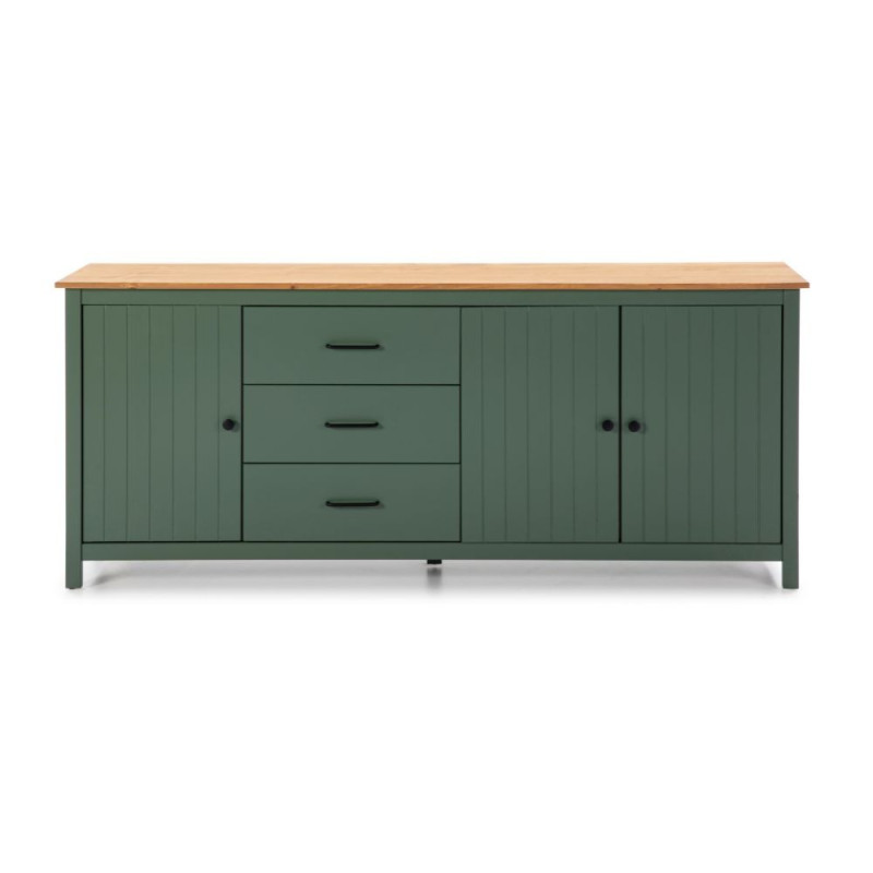 Credenza Miranda in legno massiccio verde con top pino 3 ante