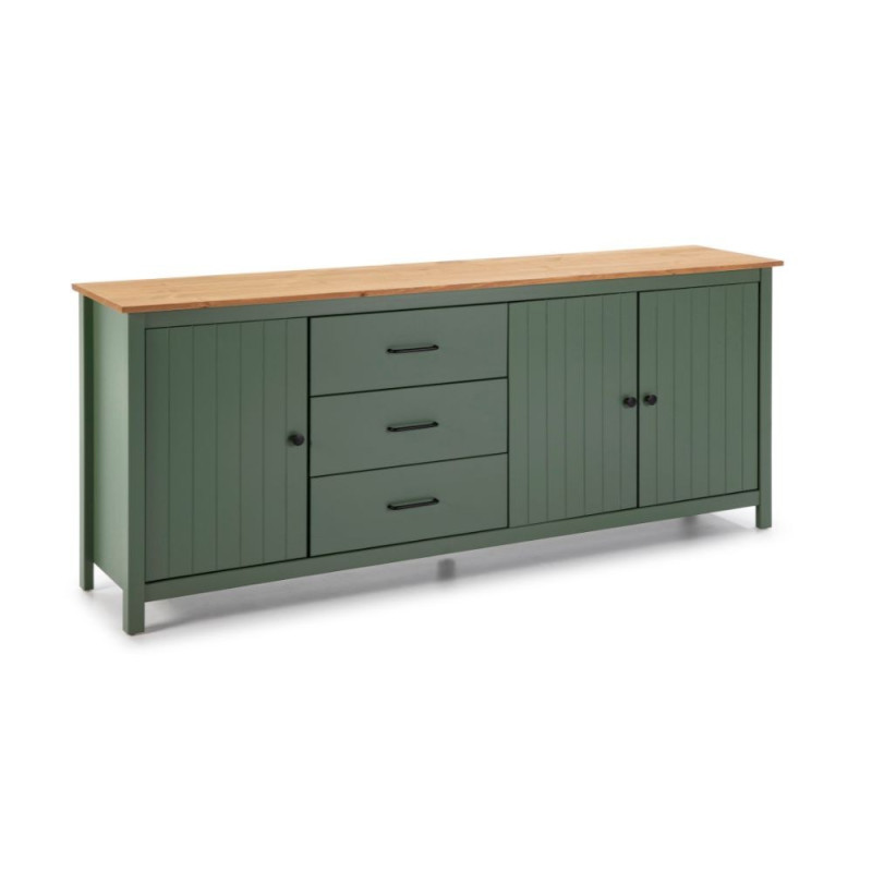Credenza Miranda in legno massiccio verde con top pino 3 ante