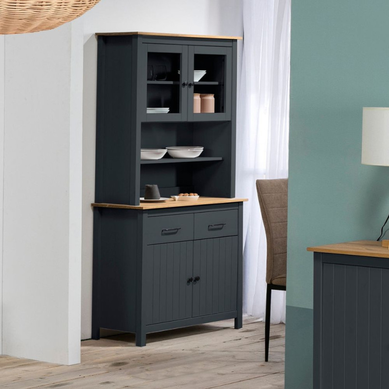 Credenza Miranda vetrina 4 ante 2 cassetti legno blu e rovere