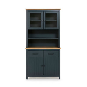 Zoom Credenza Miranda con vetrina 4 ante e due cassetti in legno massiccio blu e rovere
