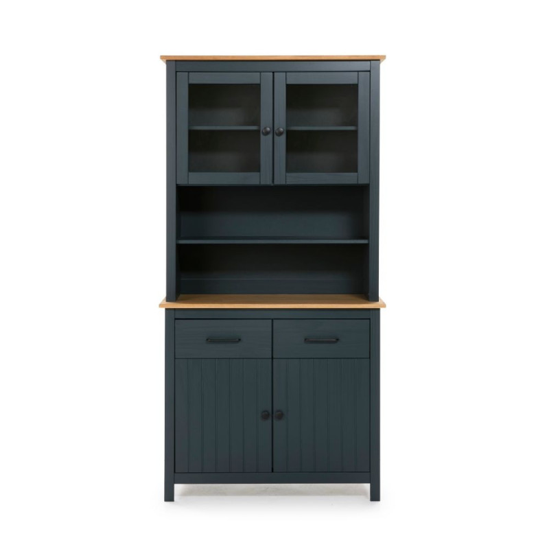 Credenza Miranda vetrina 4 ante 2 cassetti legno blu e rovere