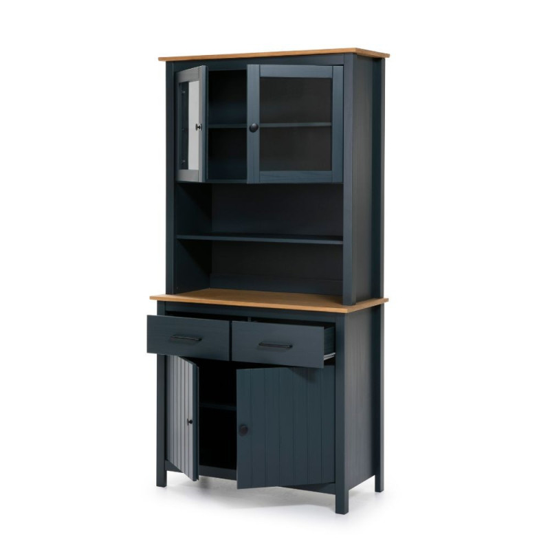 Credenza Miranda vetrina 4 ante 2 cassetti legno blu e rovere