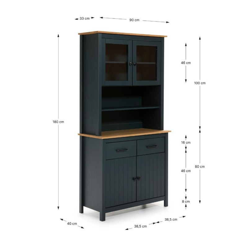 Credenza Miranda vetrina 4 ante 2 cassetti legno blu e rovere