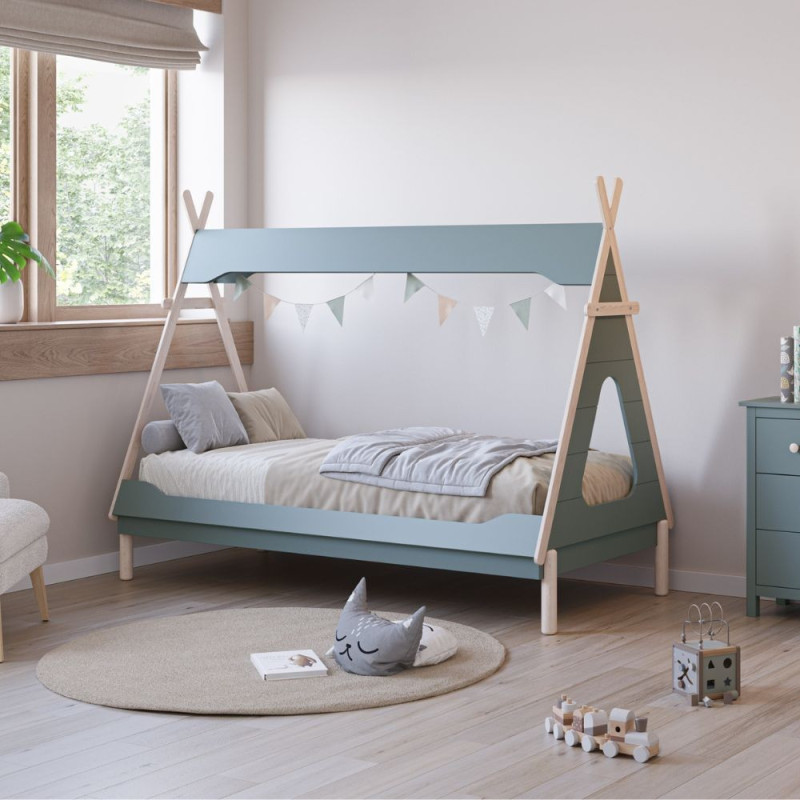 Letto a capanna Nora legno massiccio verde petrolio e bianco