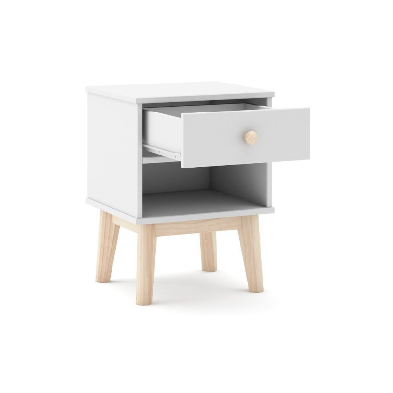 Comodino Esteban cameretta legno massiccio bianco 1 cassetto