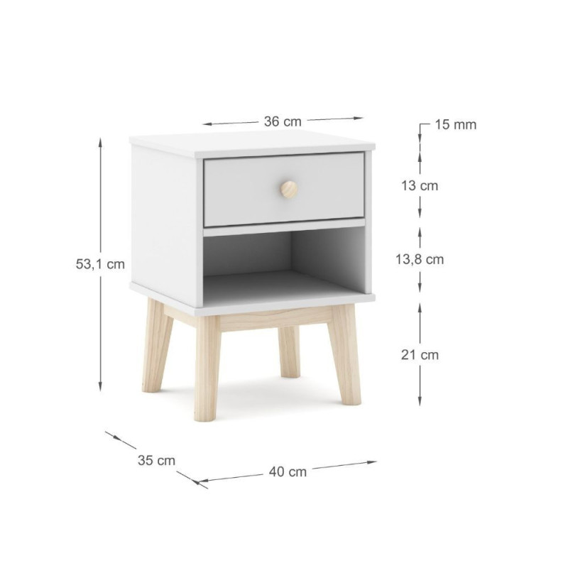 Comodino Esteban cameretta legno massiccio bianco 1 cassetto