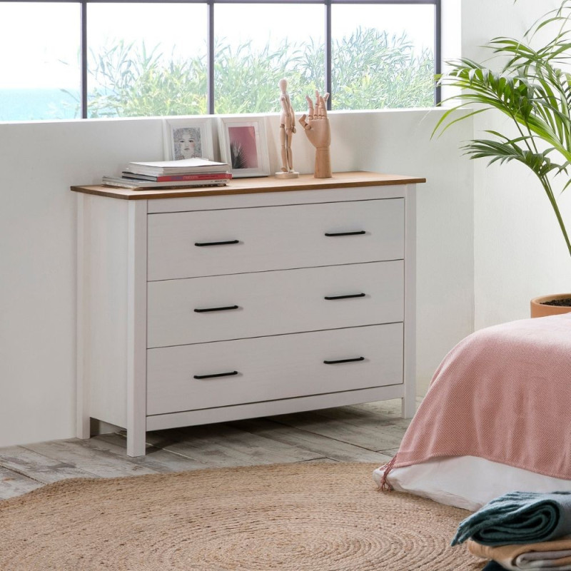 Comò Miranda 3 cassetti legno massiccio bianco top pino design