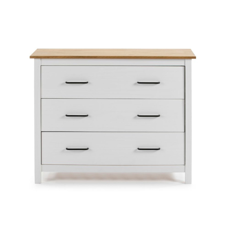 Comò Miranda 3 cassetti legno massiccio bianco top pino design