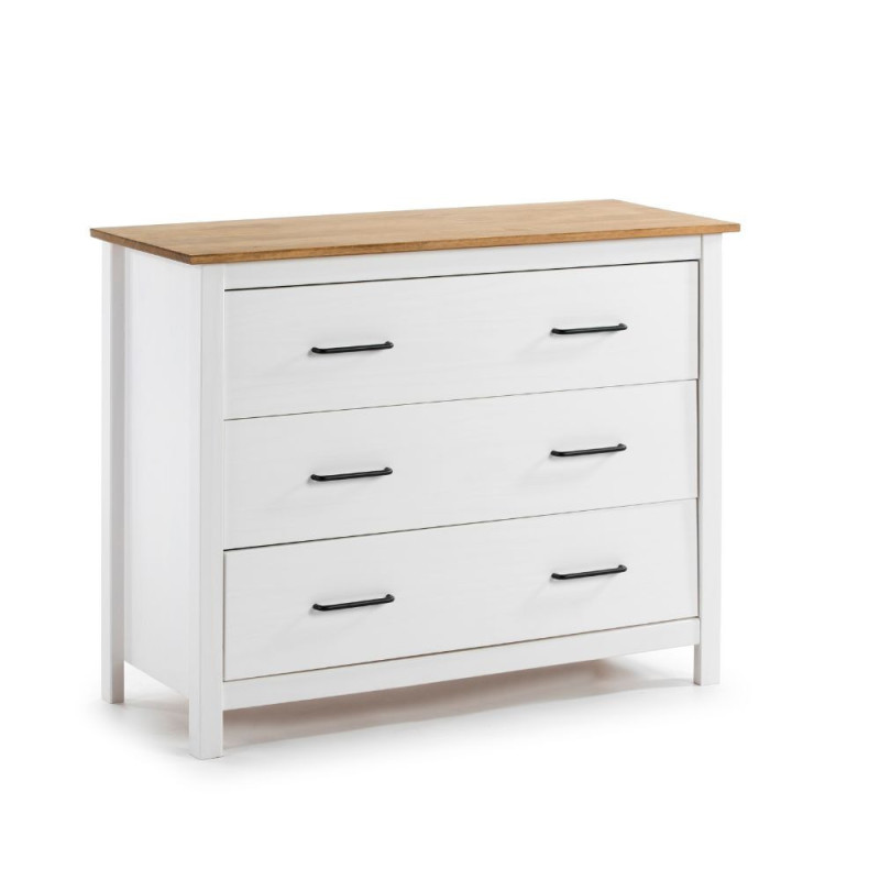 Comò Miranda 3 cassetti legno massiccio bianco top pino design