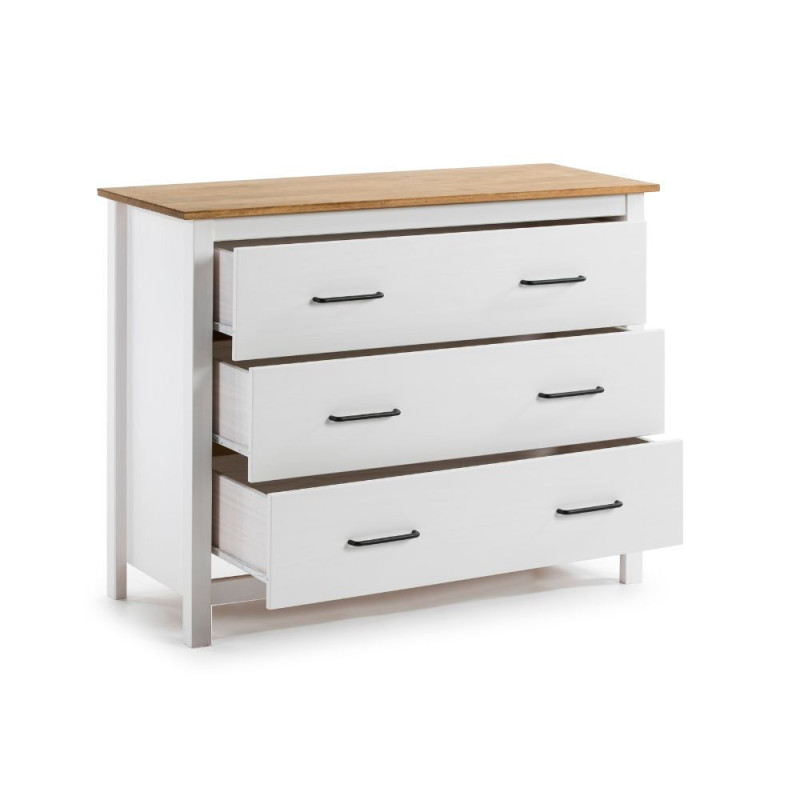 Comò Miranda 3 cassetti legno massiccio bianco top pino design