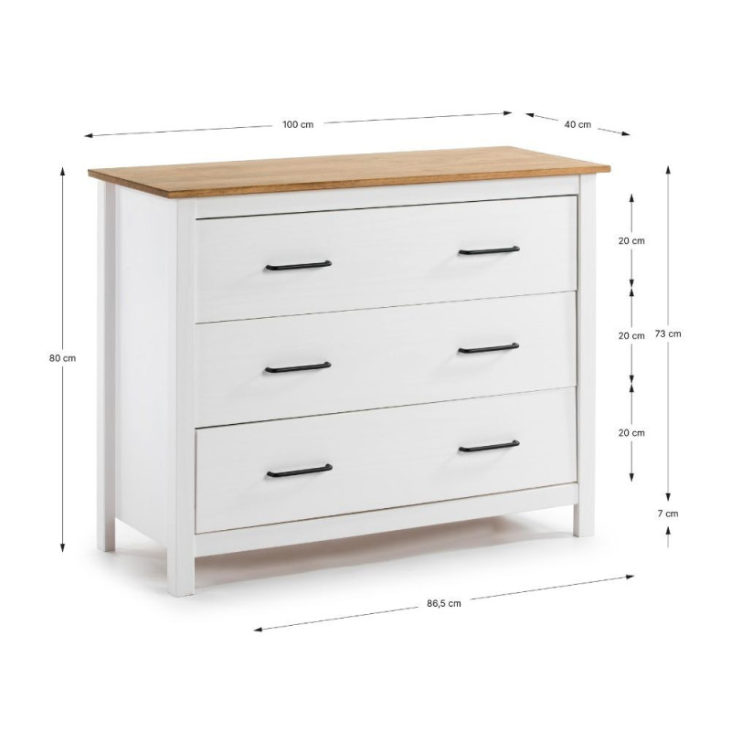 Comò Miranda 3 cassetti legno massiccio bianco top pino design