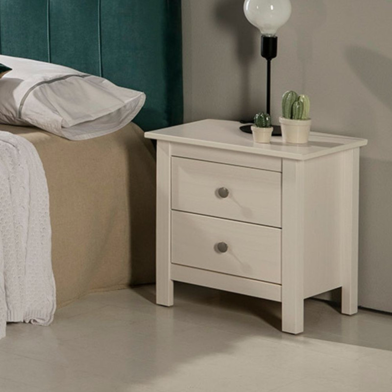 Comodino Berna 2 cassetti legno massiccio bianco elegante