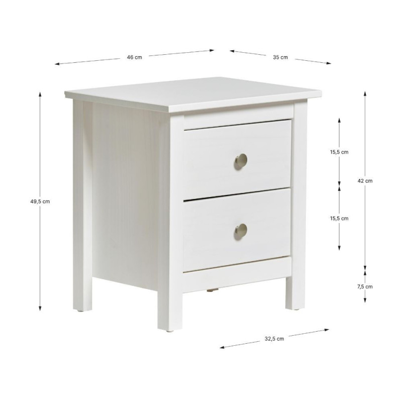 Comodino Berna 2 cassetti legno massiccio bianco elegante