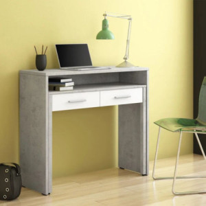 Zoom Scrivania Scrivia con piano a scomparsa con due cassetti colore cemento e bianco rustica