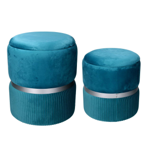 Set 2 pouf contenitore velluto turchese Ø35 e Ø39 cm elegante