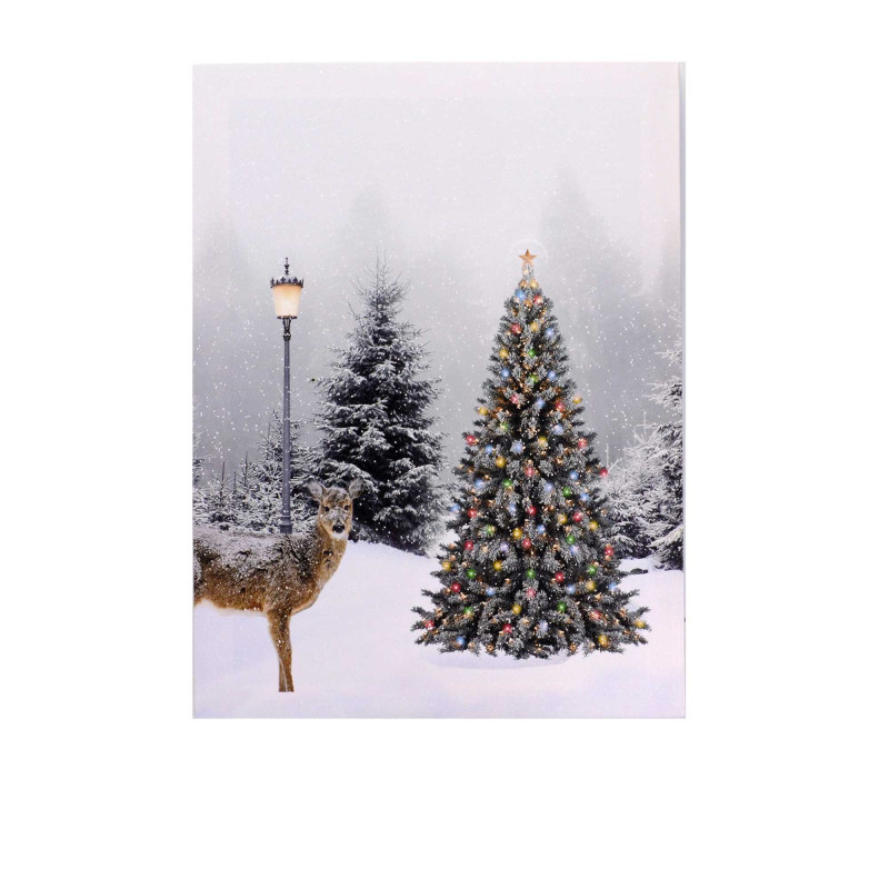 Quadro LED paesaggio innevato con renna 30x40x1,8 cm luminoso