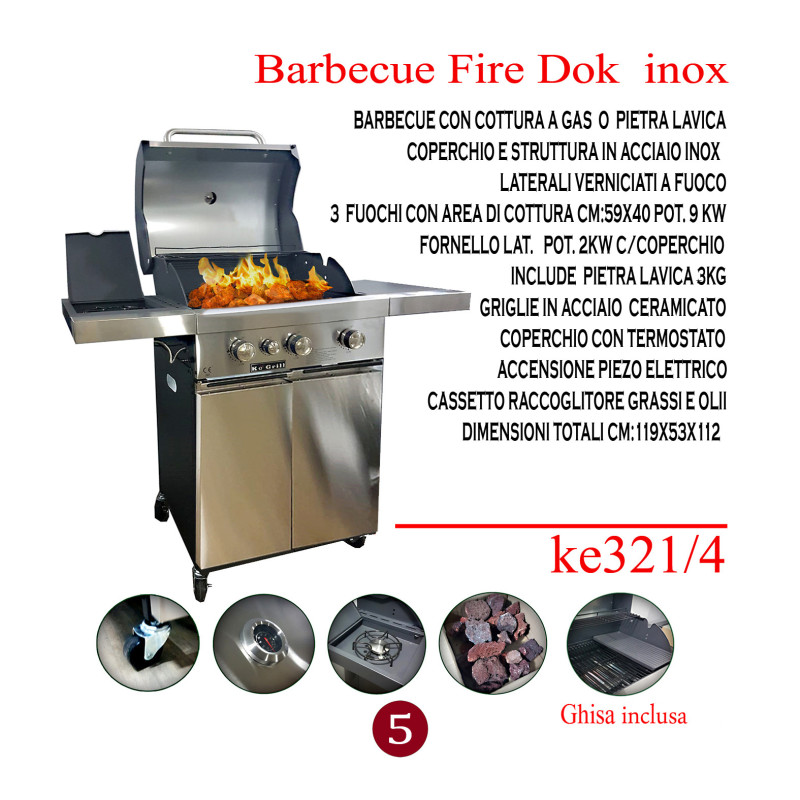 Barbecue Fire Dok Special Inox 3 fuochi pietra lavica e forno