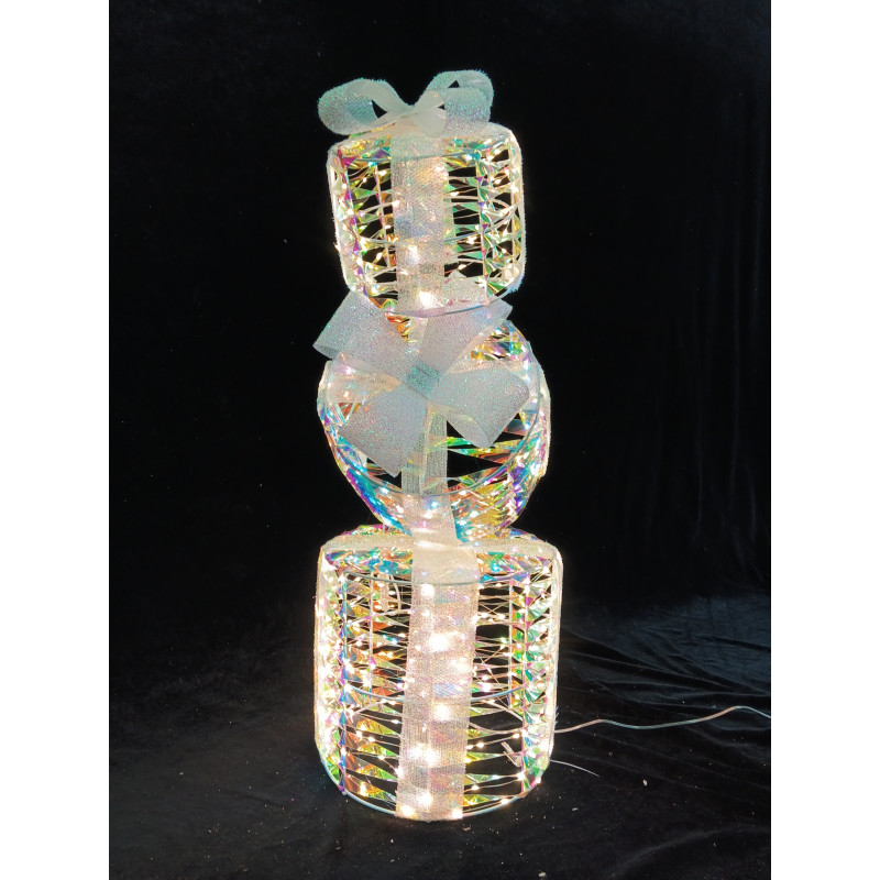 3 pacchi regalo cilindrici sovrapposti LED iridescente 76 cm