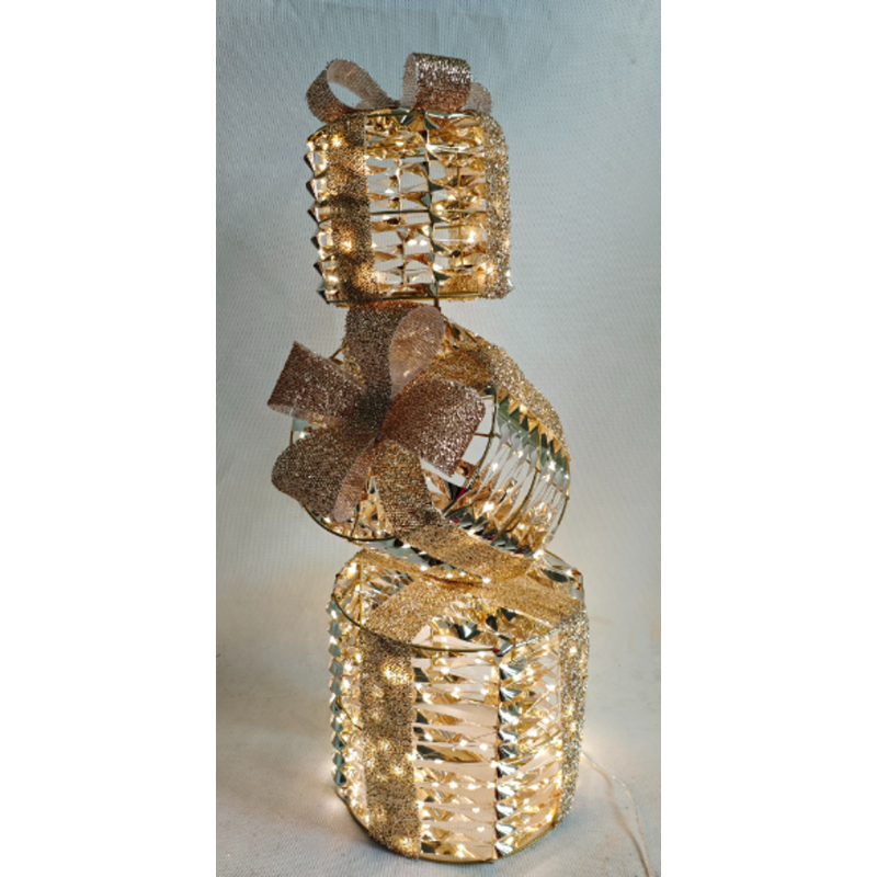 3 pacchi regalo cilindrici sovrapposti LED oro 25x25x76 cm