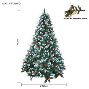 Albero Maxi Natalino 180cm in PVC innevato con pigne e bacche