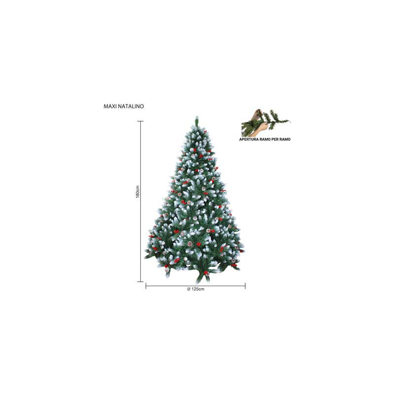 Albero Maxi Natalino 180cm in PVC innevato con pigne e bacche