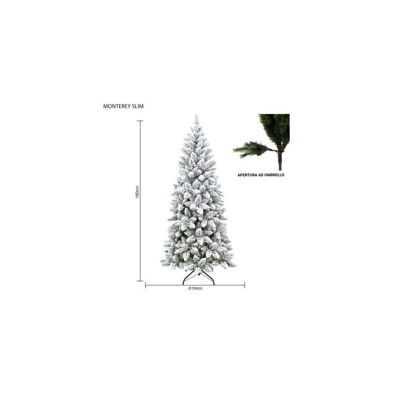 Albero Monterey Slim innevato 180 cm in PVC slim e realistico