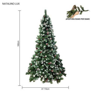 Albero Natalino Lux 180 cm innevato con pigne e bacche PVC