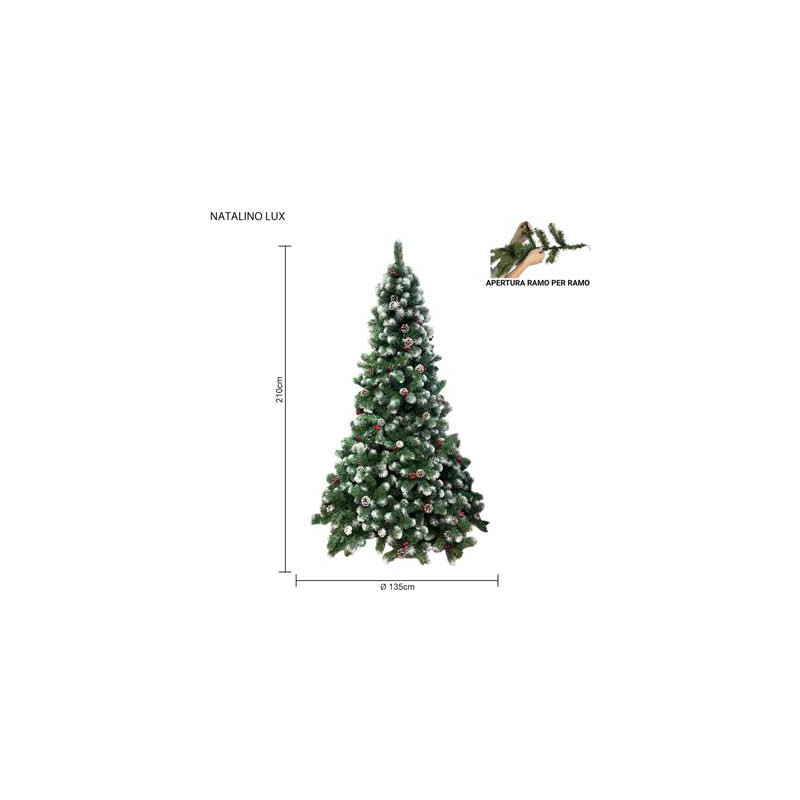 Albero Natalino Lux 210 cm innevato con pigne e bacche PVC