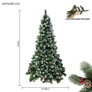 Albero Natalino Lux 270 cm in PVC innevato con pigne e bacche