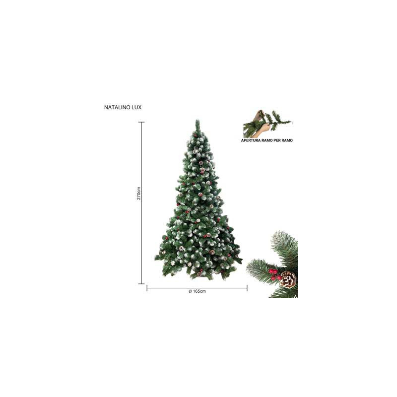 Albero Natalino Lux 270 cm in PVC innevato con pigne e bacche