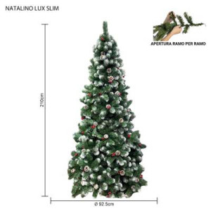 Albero Natalino Lux Slim 210 cm innevato con pigne e bacche