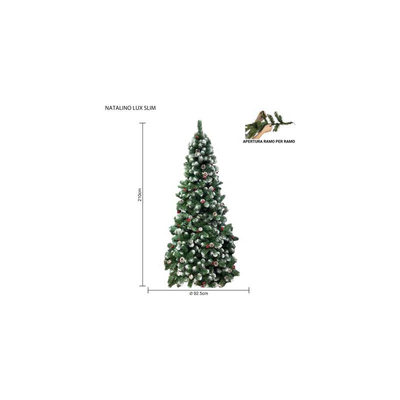 Albero Natalino Lux Slim 210 cm innevato con pigne e bacche