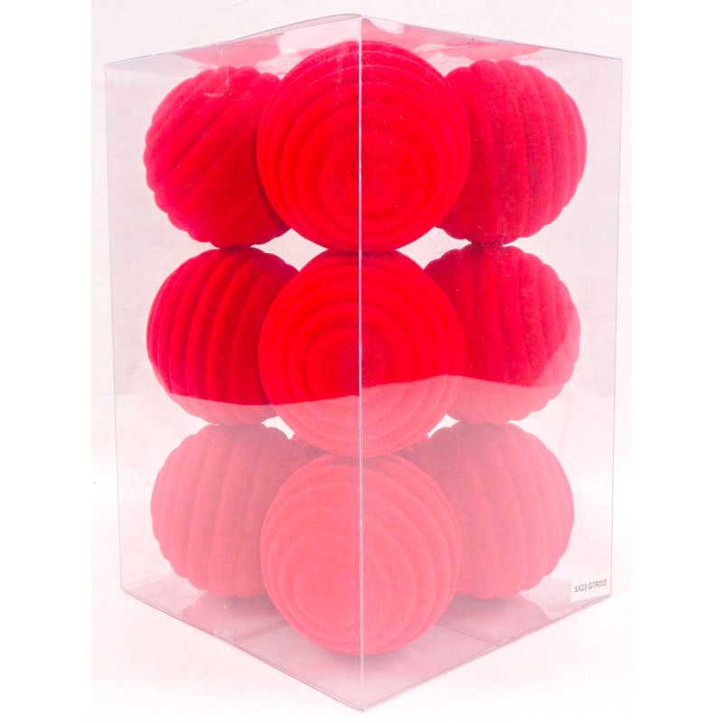 Box 12 Sfere 8cm Deco Cerchi Velluto Rosso Decorazioni Natale