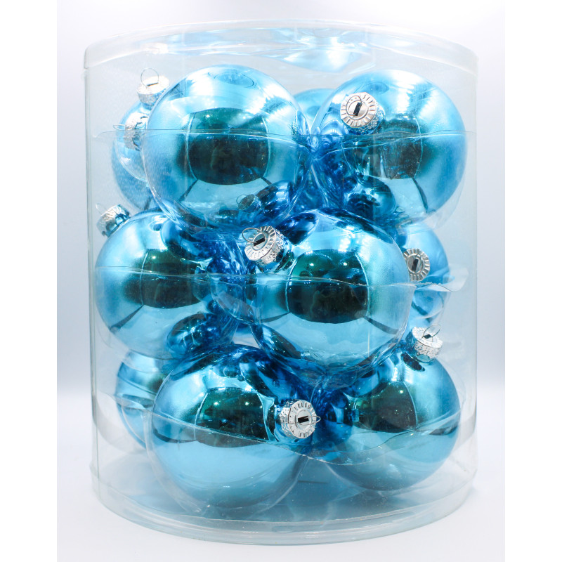 Box 12 Sfere Vetro 8cm Celeste Polvere Decorazioni Natale
