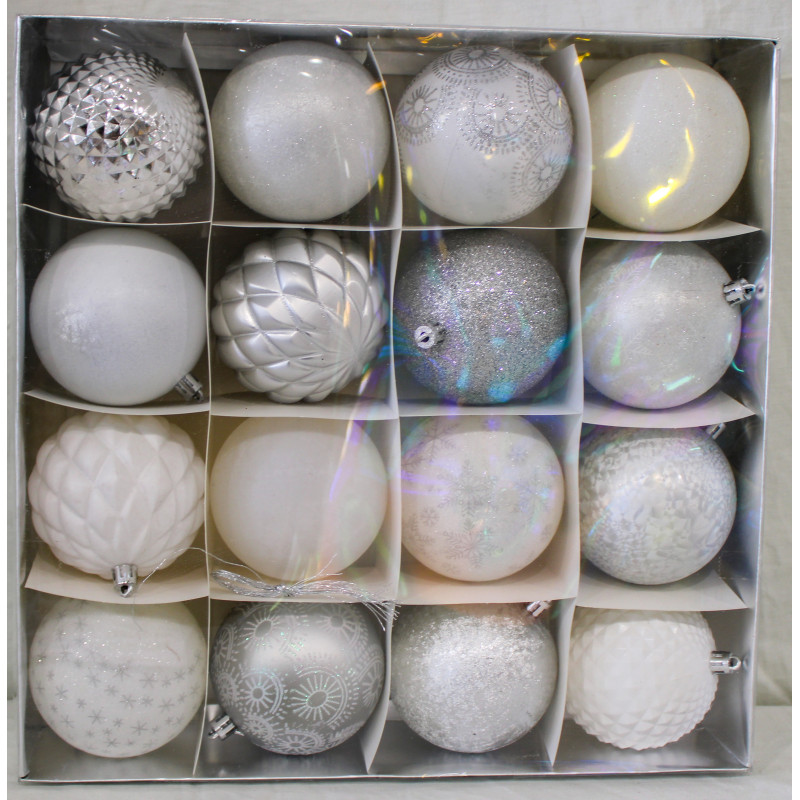 Box 16 Sfere 8cm Argento Bianco Assortite Decorazioni Natale