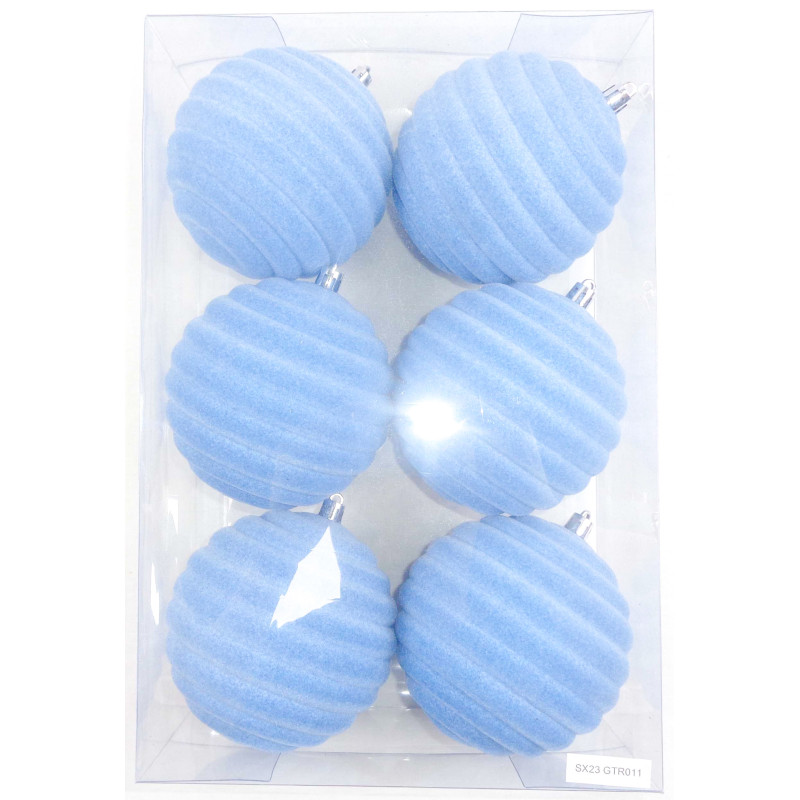 Box 6 Sfere 10cm Deco Cerchi Velluto Celeste Polvere Natale