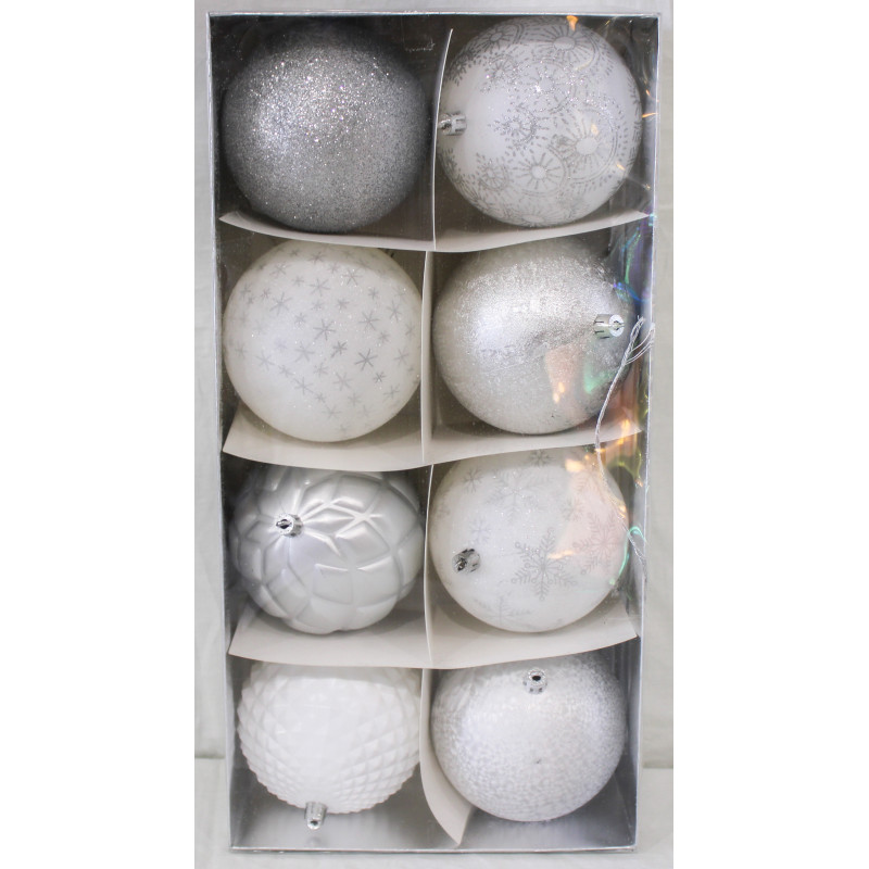 Box 8 Sfere 10cm Argento Bianco Decorazioni Natale
