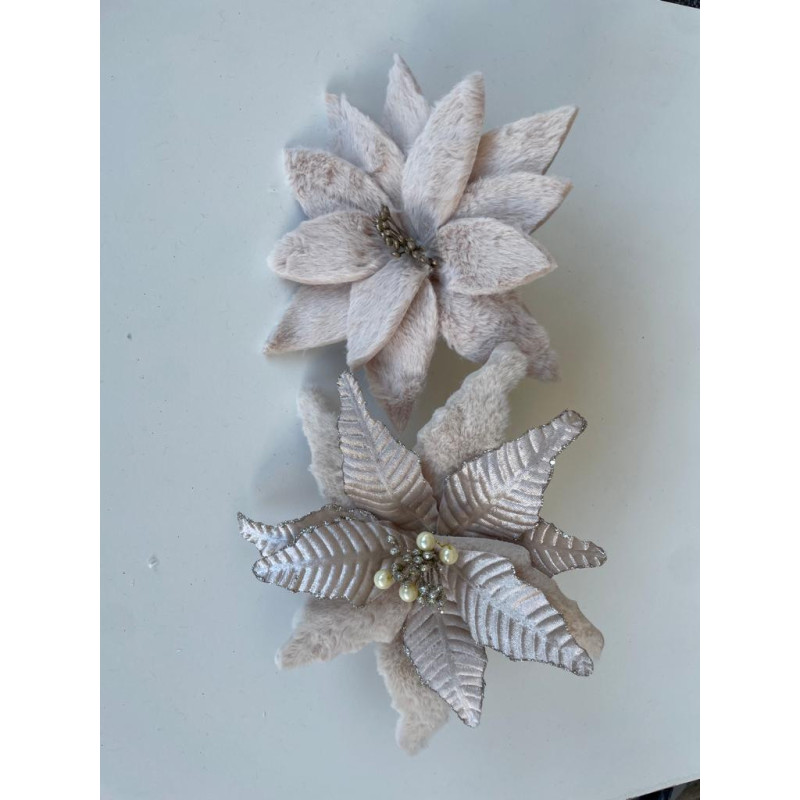 Fiore Fur e Plissé Crema 48cm Decorazione Natalizia Elegante