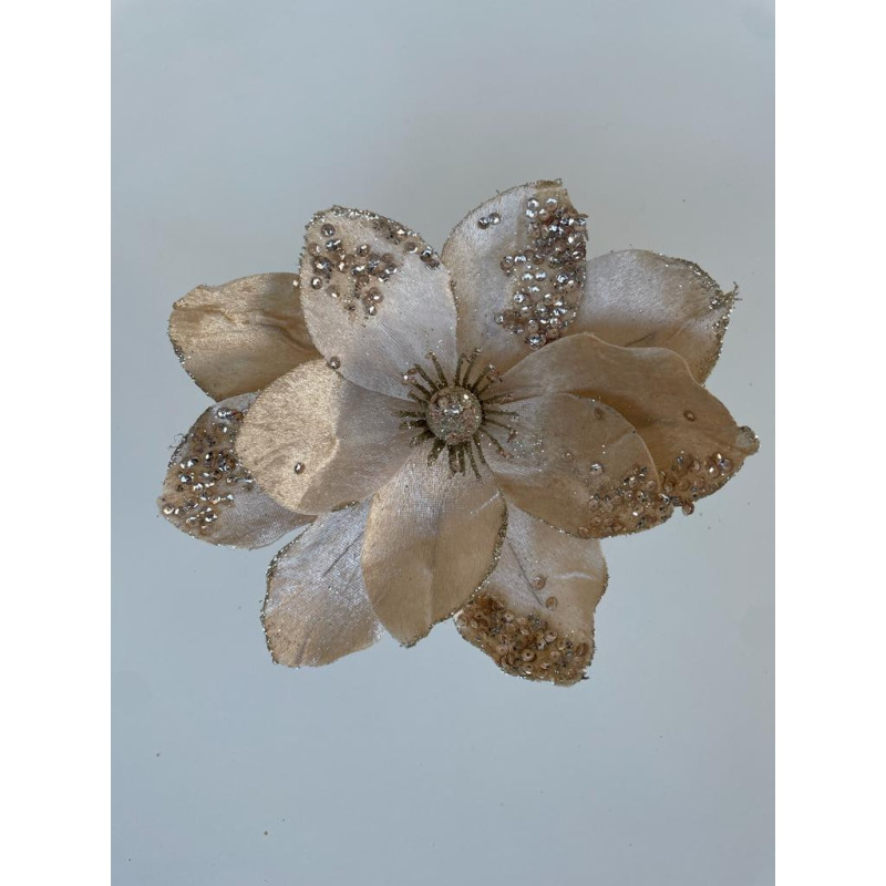 Fiore Magnolia Maxi Glitter Crema 24cm Decorazione Natalizia