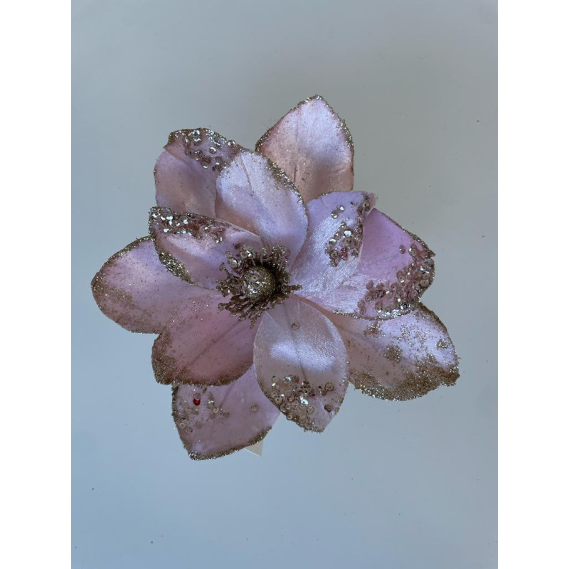 Fiore Magnolia Maxi Glitter Rosa 24cm Decorazione Natalizia