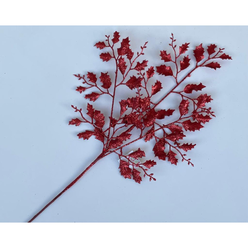 Ramo Foglie Glitter Rosso - Decorazione Natalizia Vivace