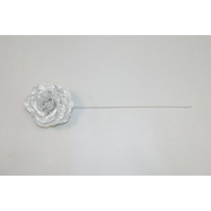 Rosa Bianca con Pailettes 24 cm - Fiore Decorativo Natalizio