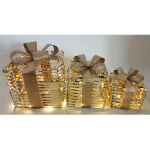 Set 3 pacchi regalo cubici con LED oro: Natale luminoso e chic